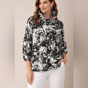 Jennifer Moore Collection black & White 
floral Blouse High Wired Collar | 
Sz L